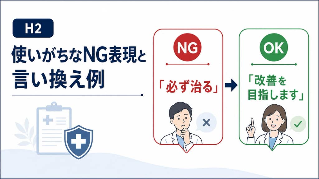 必ず治るというNG表現を改善を目指しますに言い換える例を示す画像