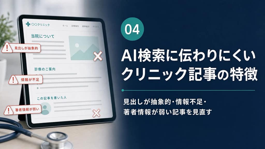 抽象的な見出しや情報不足、著者情報の弱さを示し、AI検索に伝わりにくいクリニック記事の特徴を表した画像