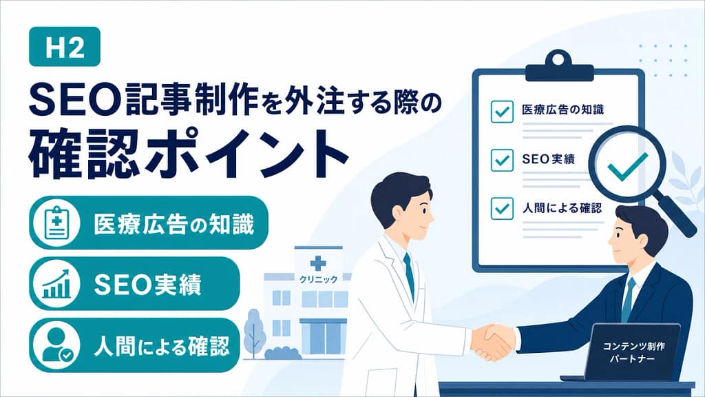 医療広告の知識、SEO実績、人間による確認を重視してSEO記事制作パートナーを選ぶ画像