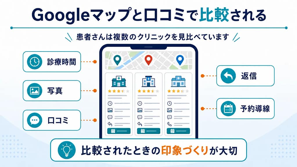 患者がGoogleマップや口コミを見ながら複数のクリニックを比較している図