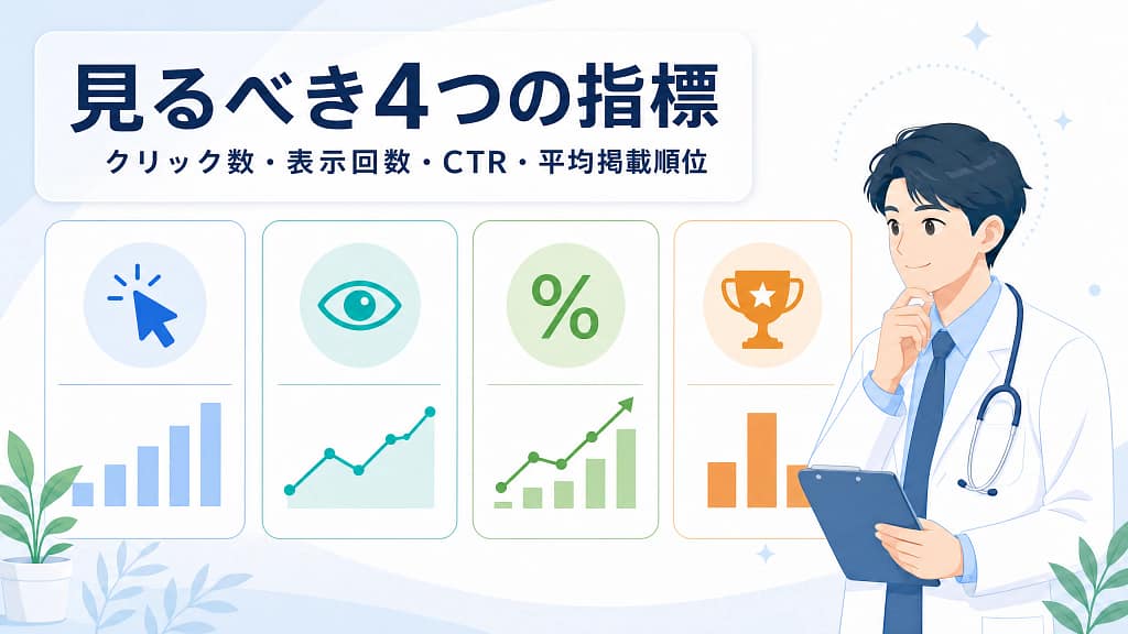 医師がクリック数や表示回数などの指標を一覧で確認しているイラスト