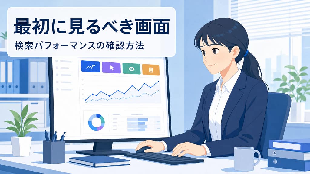 担当者がSearch Consoleのグラフやレポート画面を確認しているイラスト