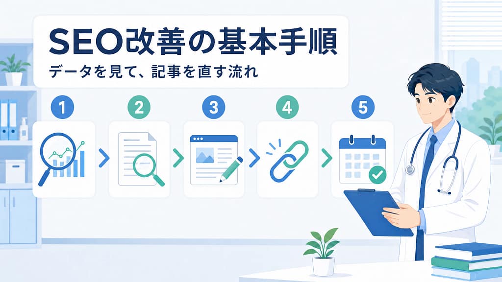 Search Consoleのデータから問い合わせや予約につながる導線を整理する担当者のイラスト