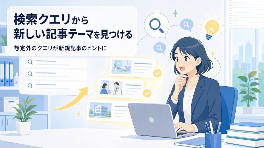 検索結果や候補ページを見ながら新しい記事テーマを見つける担当者のイラスト