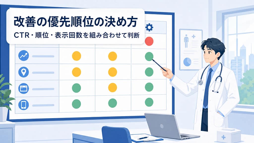 医師が改善優先度を示すマトリクス表を確認しているイラスト