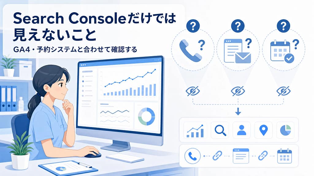 担当者がSearch Console以外の電話、問い合わせ、予約データも確認しているイラスト