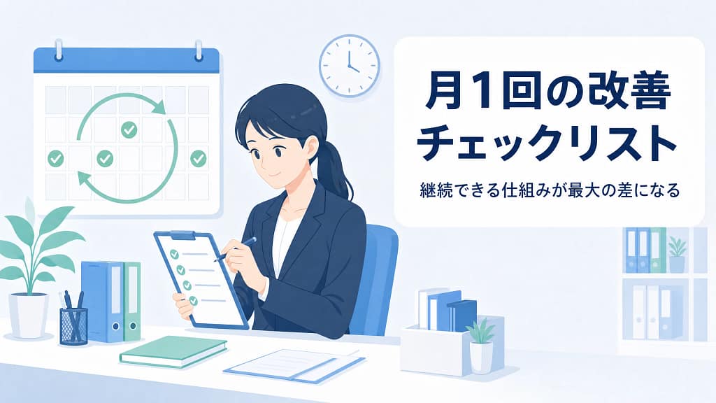 担当者が月次チェックリストを使ってSEO改善項目を確認しているイラスト