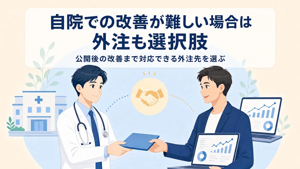 医師とWeb担当者がSEO改善レポートを共有して相談しているイラスト