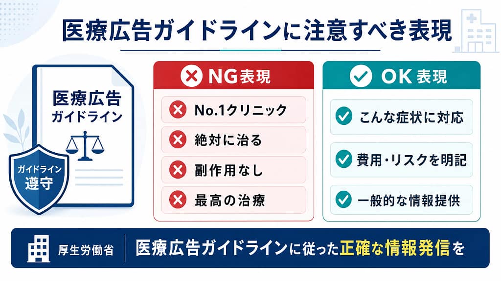 医療広告ガイドラインで避けるべきNG表現と推奨されるOK表現を比較した図。No.1クリニック、絶対に治る、副作用なし、最高の治療などのNG例と、一般的な情報提供や費用・リスク明記などのOK例を説明している。