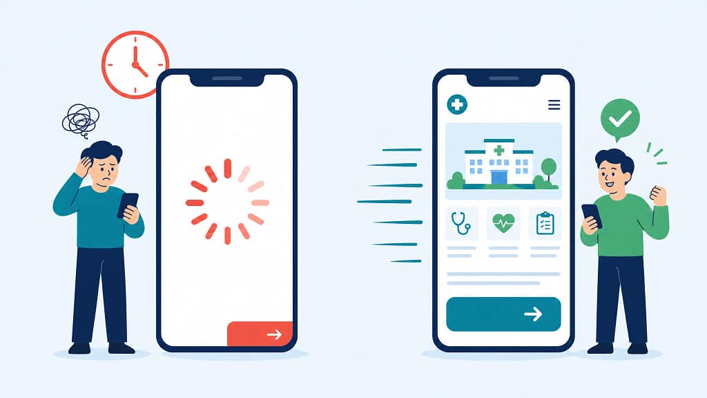 表示が遅く使いにくいスマホページと、軽くて予約しやすいスマホページを比較したイメージ