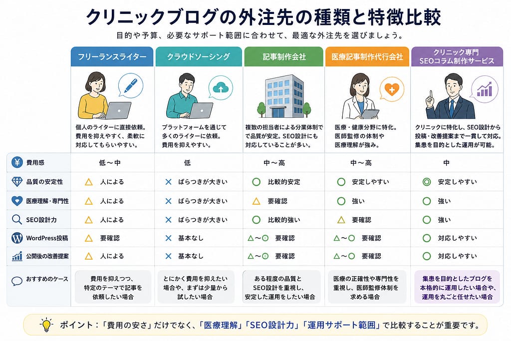 クリニックブログの外注先として、フリーランス、クラウドソーシング、記事制作会社、医療記事制作代行会社、クリニック専門SEOコラム制作サービスを比較した図解