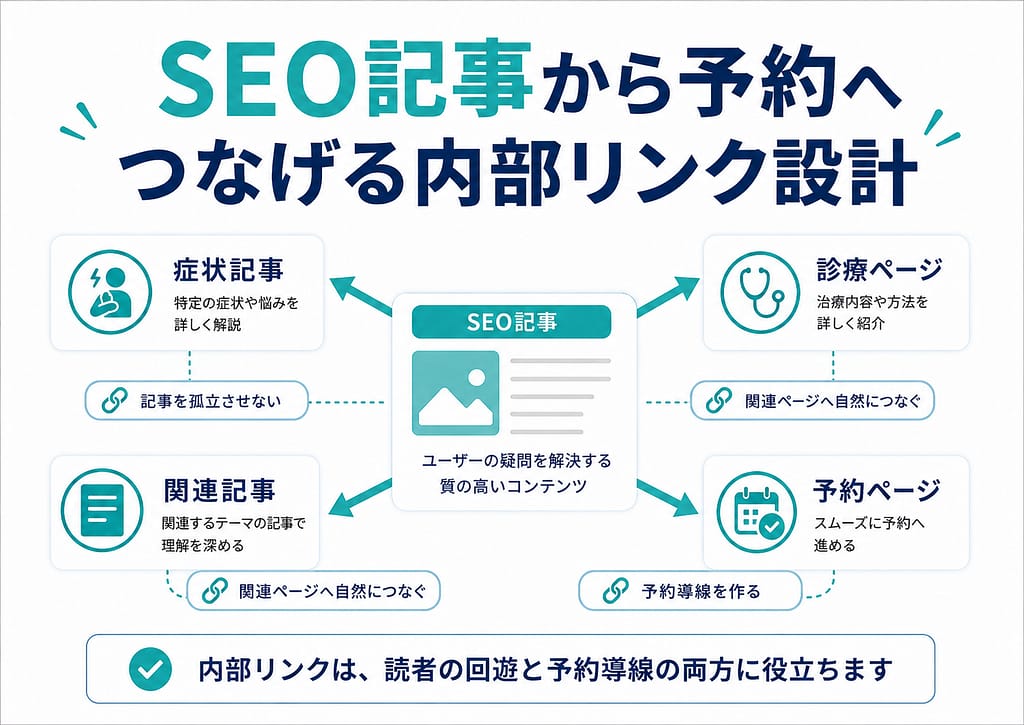 クリニックのSEO記事から症状記事、関連記事、診療ページ、予約ページへ内部リンクでつなぐ導線設計を示した図解
