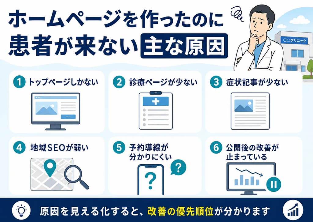 ホームページを作ったのに患者が来ない主な原因を6つに整理した図