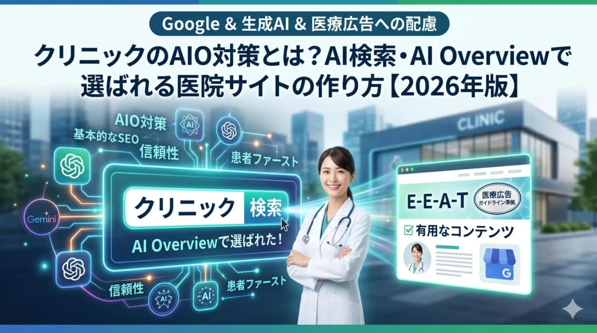 クリニックのAIO対策として、AI検索・AI Overview・E-E-A-T・医療広告ガイドラインへの配慮を示したアイキャッチ画像