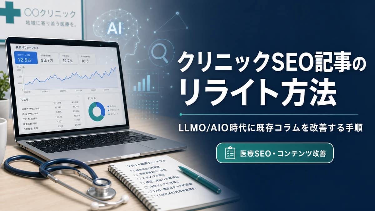 Search Consoleの画面とリライトチェックリストを背景に、クリニックSEO記事のリライト方法を示すアイキャッチ画像