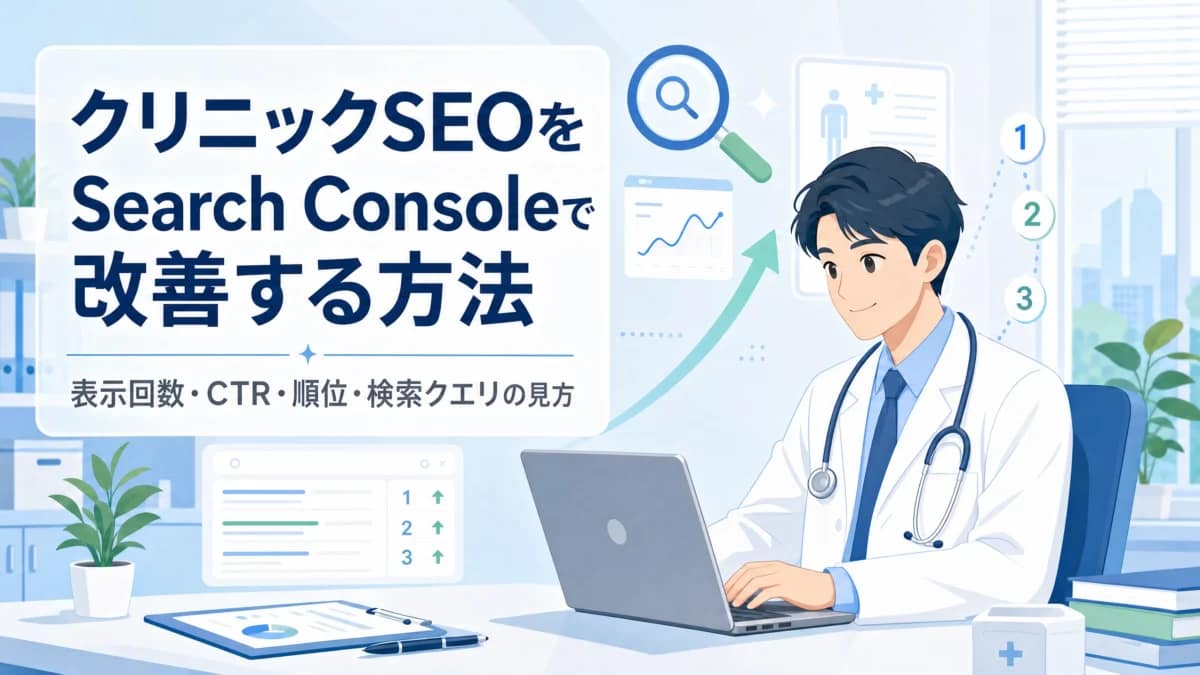 クリニックSEOの改善に向けてSearch Consoleのデータを確認する女性担当者のイラスト