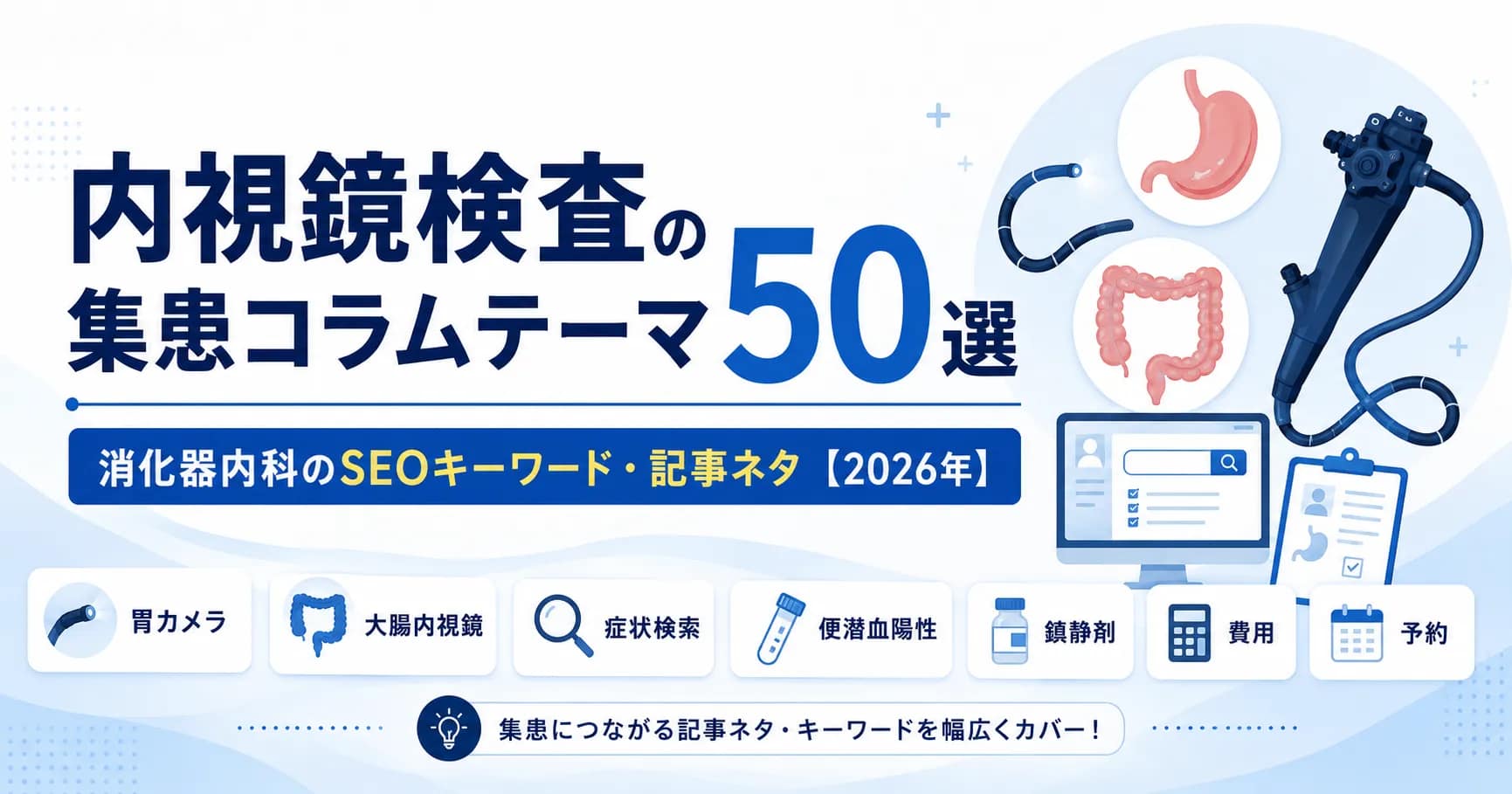 内視鏡検査の集患コラムテーマ50選を紹介するアイキャッチ画像。消化器内科向けのSEOキーワード・記事ネタを表現している。