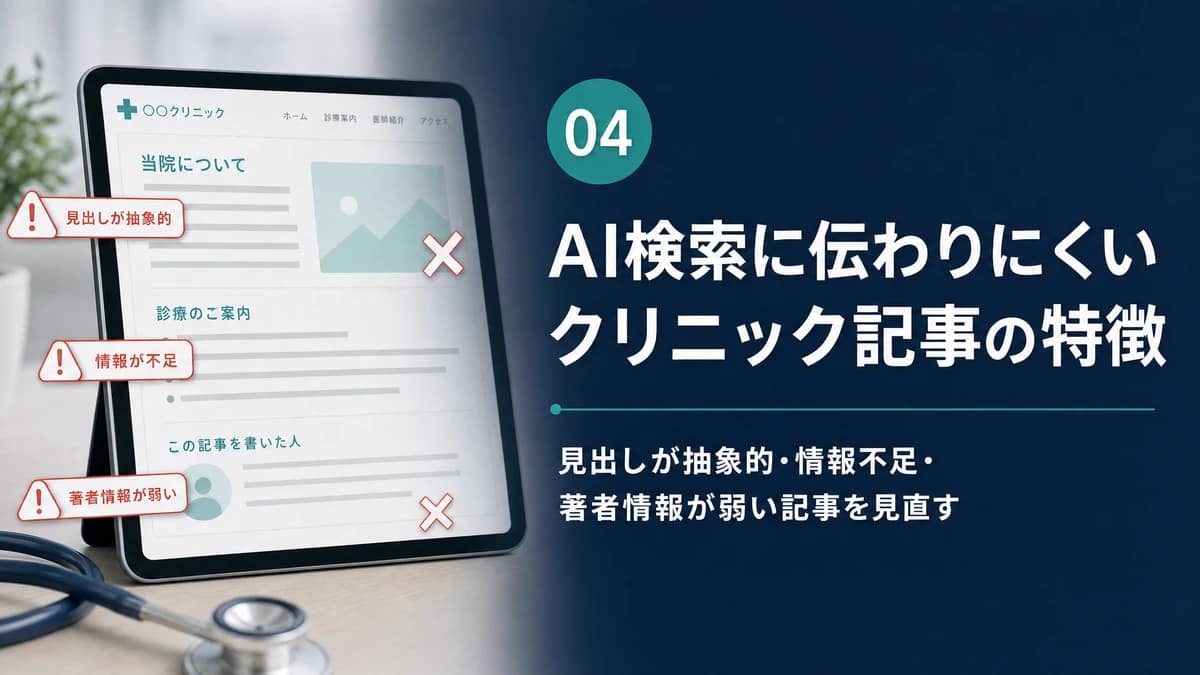 抽象的な見出しや情報不足などAI検索に伝わりにくい医療記事の特徴を示す図