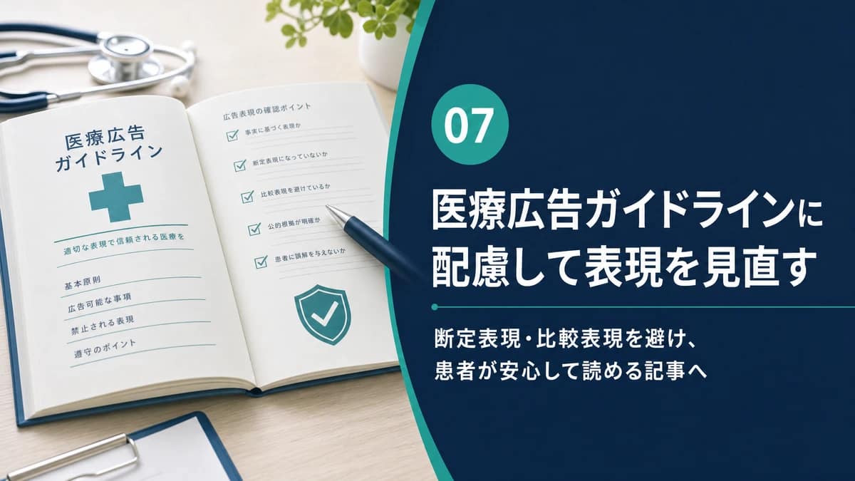 医療広告ガイドラインのチェック項目を背景に記事表現の見直しを示す図